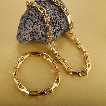 Punk Set Hiphop Style Stainless Steel Heavy Chains Necklace Gold Color Link Chain Bracelet for Men Women Couple Trendy Jewelry