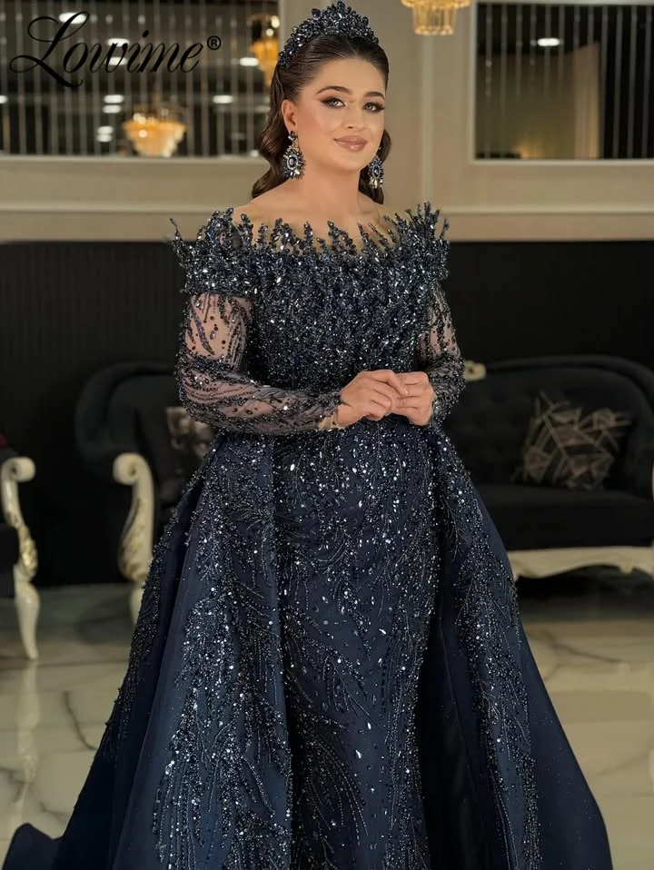 

Элегантное мусульманское вечернее платье с длинными рукавами, темно-синее, для вечеринок, на заказ, арабские выпускные платья со съемным шлейфом-накидкой