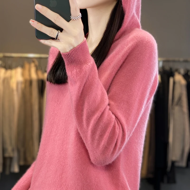 خريف شتاء جديد الصلبة مقنعين الخامس الرقبة مزاجه الصوف الخالص البلوز تريكو المرأة أبلى الكلاسيكية هوديي سترة طويلة الأكمام #4