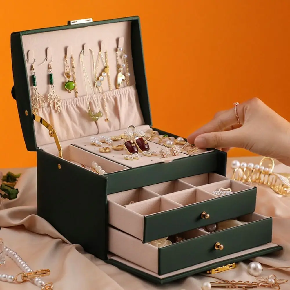 Three layer Woman Jewelry Box Leather Large Capacity Necklace Bracelet Ring Box Drawer style with Lock Jewelry Organizer