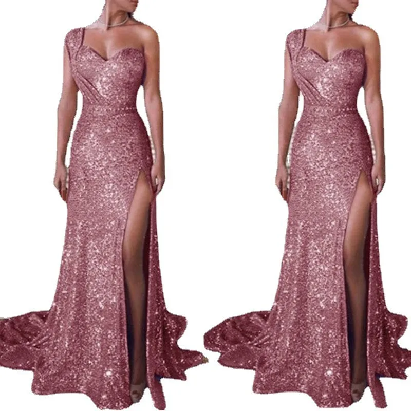 Exquisite Beaded Evening Dresses Glitter Sleevesless Satin Slit Side Formal Prom Dress Women Wedding Party Bridesmaid Gowns