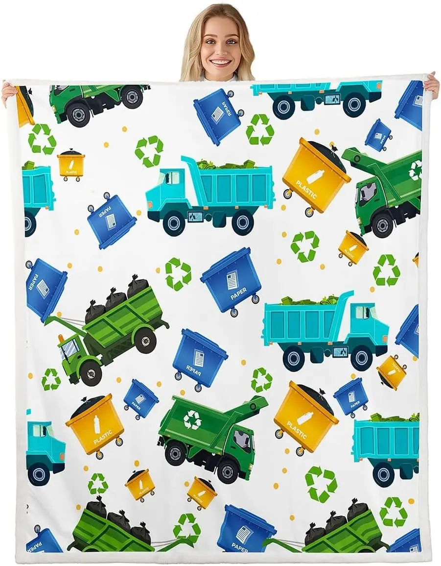 Garbage Truck Blanket Soft Fleece Throw Recycling Theme Kids Room Decor Educational Gift Baby Gift