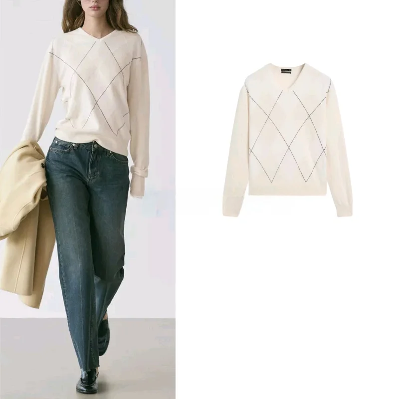 

Новый зимний женский повседневный трикотаж в рубчик с ромбовидным узором и v-образным вырезом, мягкий трикотаж для поездок на работу, длинный свек, стандартный крой, полиэфирное волокно