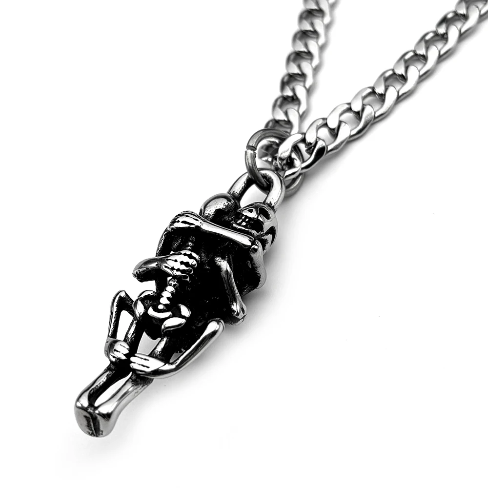 Punk 316L Vintage Stainless Steel Embracing Skeleton Couple Pendant Necklace For Men Women Silver Color Death Love Chain Jewelry