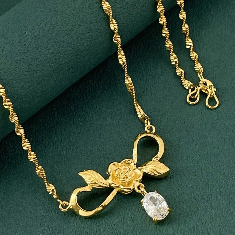 

Luxury 24K 9999 Pure Gold real gold Women's Bow Moissanite Pendant Necklace Spot