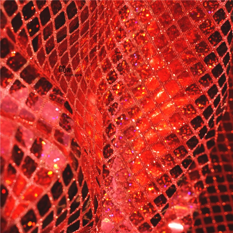 Red Mesh Gauze Fabric Laser Checkered Soft Material Mirror Sequins Reflective Wedding Stage Background Clothing Fabrics