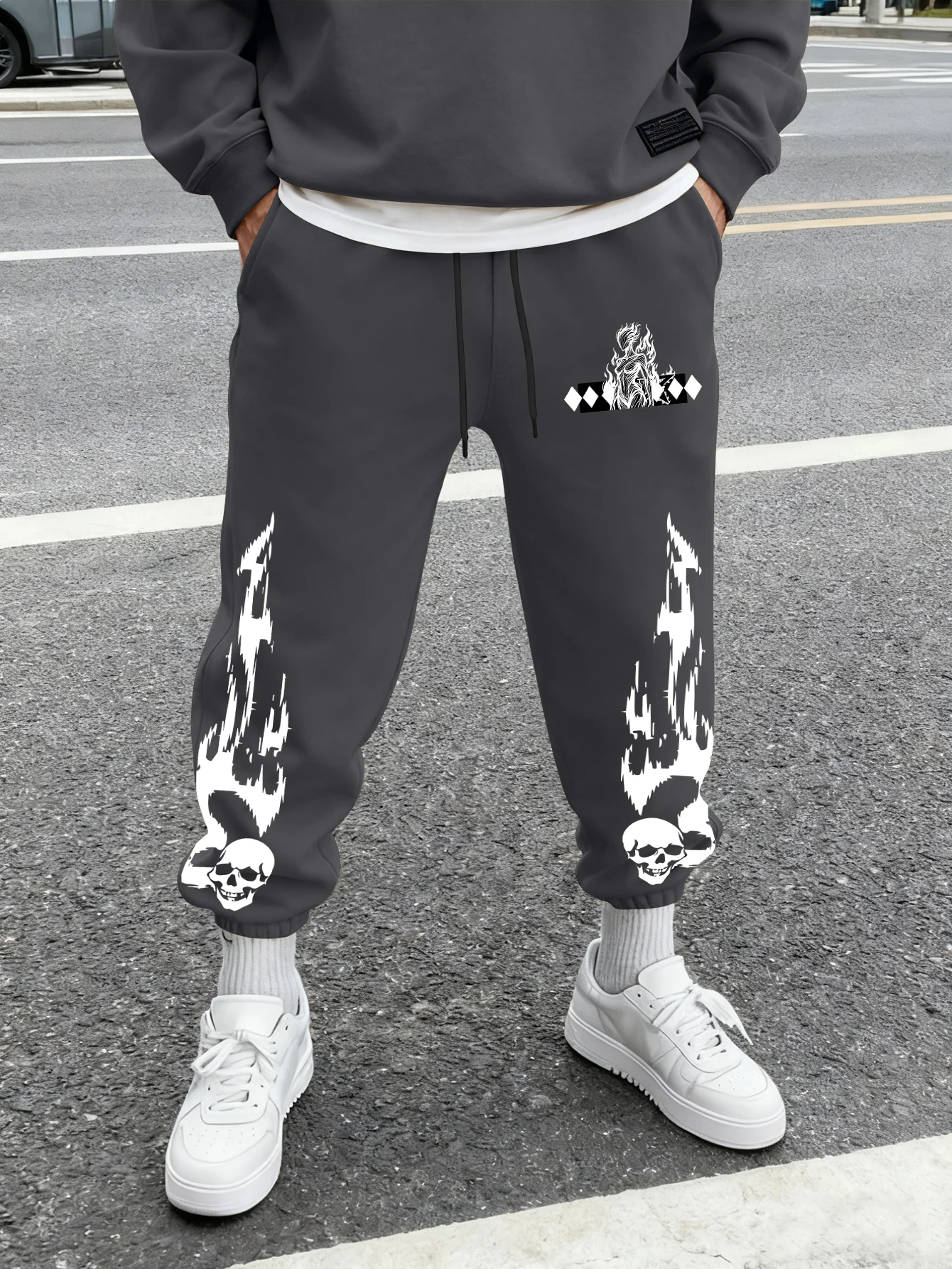 Men's Gothic Skull Flame Lady Figure Rhombus Print Sweatpants Elastic Waist Soft Dark Punk Street Hip Hop Joggers