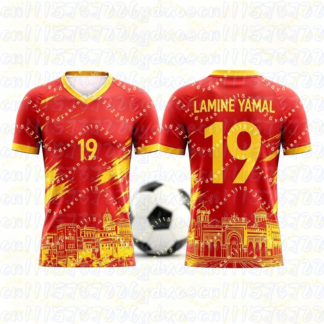 Lamine Yamal No.19 Inspired Football T Shirt, Spain Cityscape 3D Print Short Sleeve Tee, Soccer Fan Casual Top for Family Match