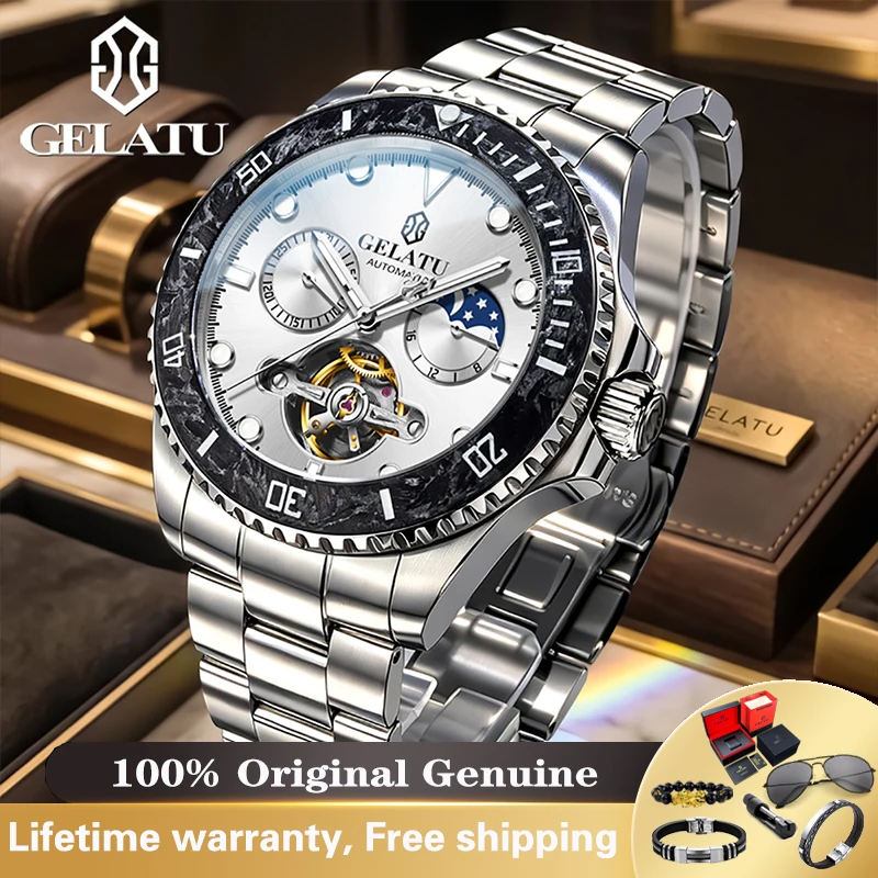GELATU Luxury Hollow Mens Watch Moon Phase Calendar Automatic Mechanical Watches For Man Waterproof Gift Box 50M Waterproof 6036