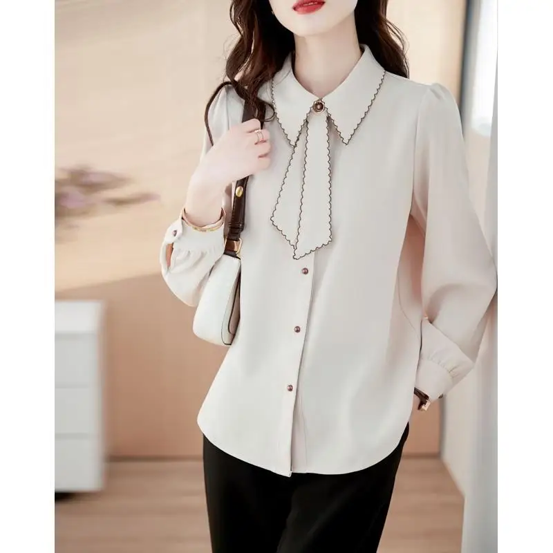 Women Clothing 2024 Spring Autumn Korean Fashion Bow Tie Shirts Vintage Elegant Office Lady Blouse Casual Long Sleeve Loose Tops