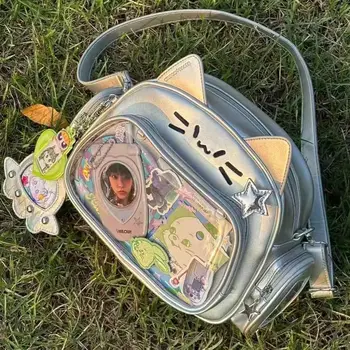Y2K koreański japonia Kawaii Cat Itabag PU śliczne dziewczyny przezroczysta kieszeń estetyczne torby na ramię Crossbody damskie modne plecaki