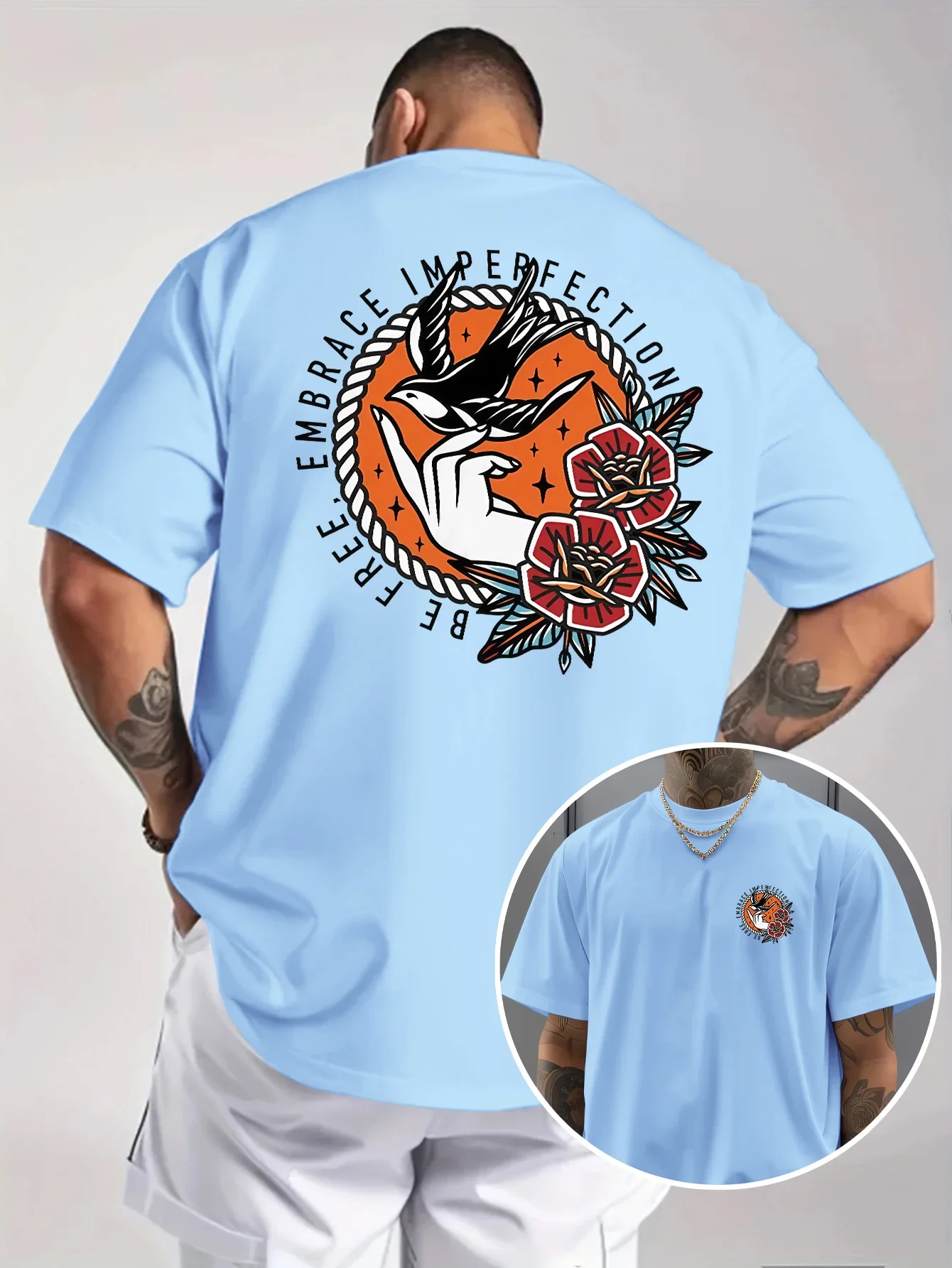 Old School Swallow Rose Tattoo Print T-Shirt Men Double Sided Graphic Oversized Short Sleeve Streetwear Casual Tee Tops