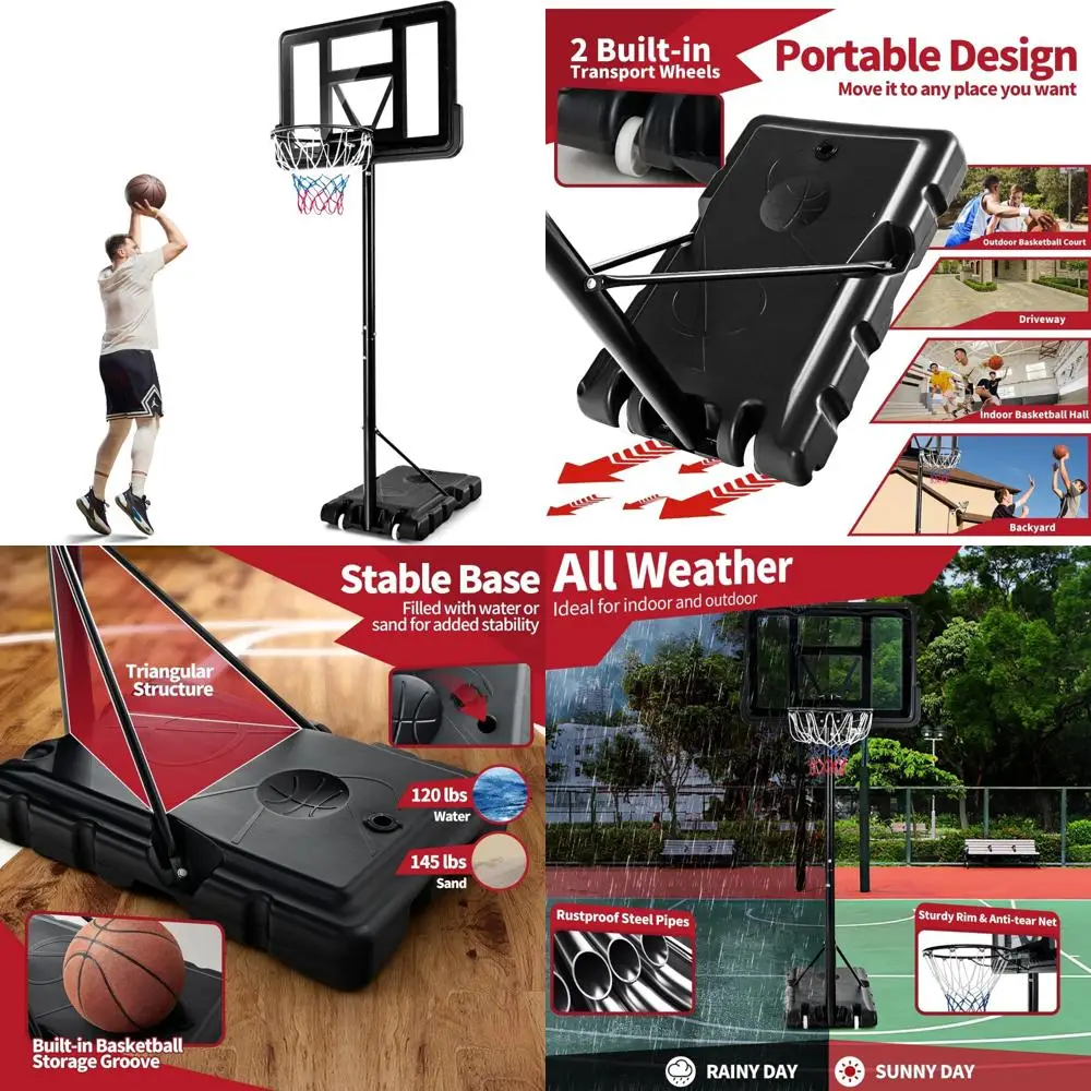 

adjustable height outdoor basketball hoop system with 43.5" shatterproof backboard, fillable base for enhanced stability