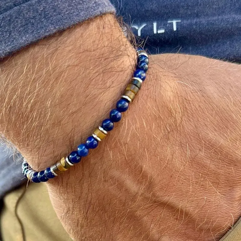 Lapis Lazuli Picture Stone Natural Beaded Bracelet for Men Vintage Flat Beads Handmade Fashion Jewelry Versatile