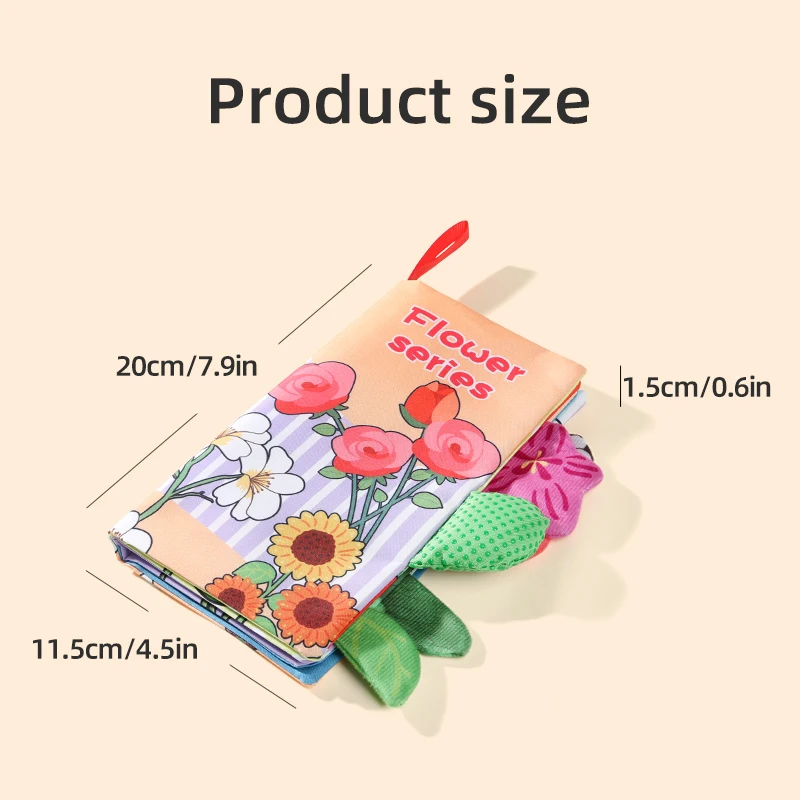 Baby-Stoffbuch, Puzzle-Spielzeug, frühe Bildung, Aufklärung, Kognition, waschbar und langlebig, 4-seitige Blumenserie, Geschenke für Neugeborene