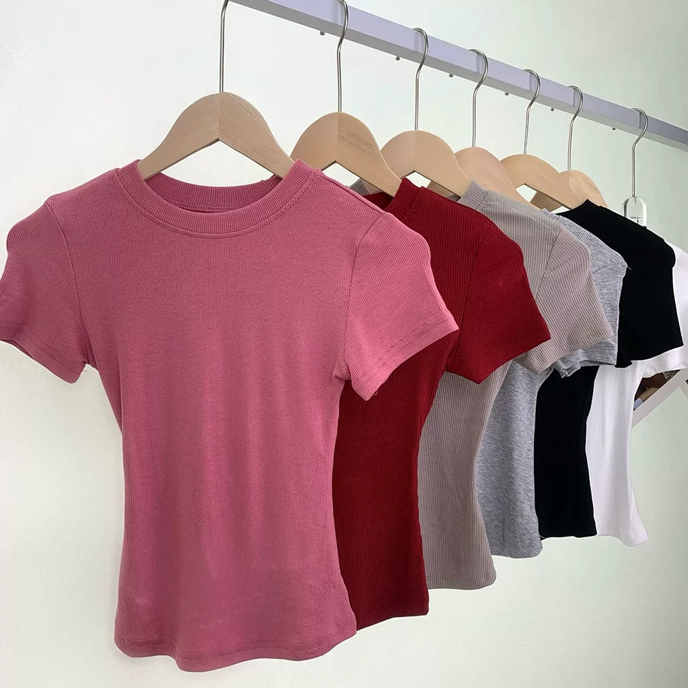 Fashionable And TTrendy Sports Short-Sleeved Pink Ribbed Sports T-Shirt Sexy Fitted Solid Color Casual Round-Neck Women's Top