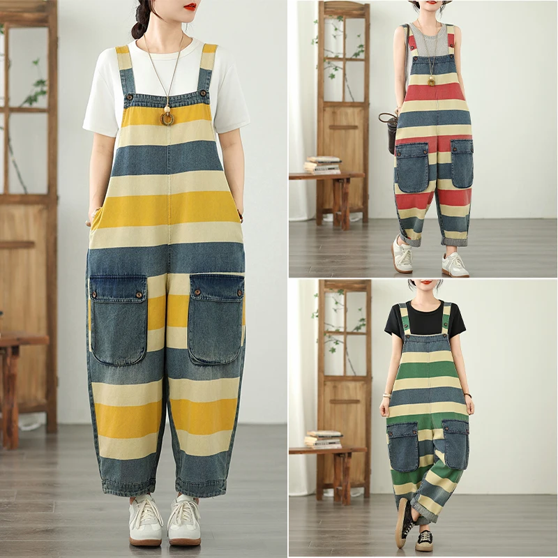 Retro listrado solto ajuste harem calças de nove peças denim orts verão wearable cintura alta jeans finos tecido waed fini jj35