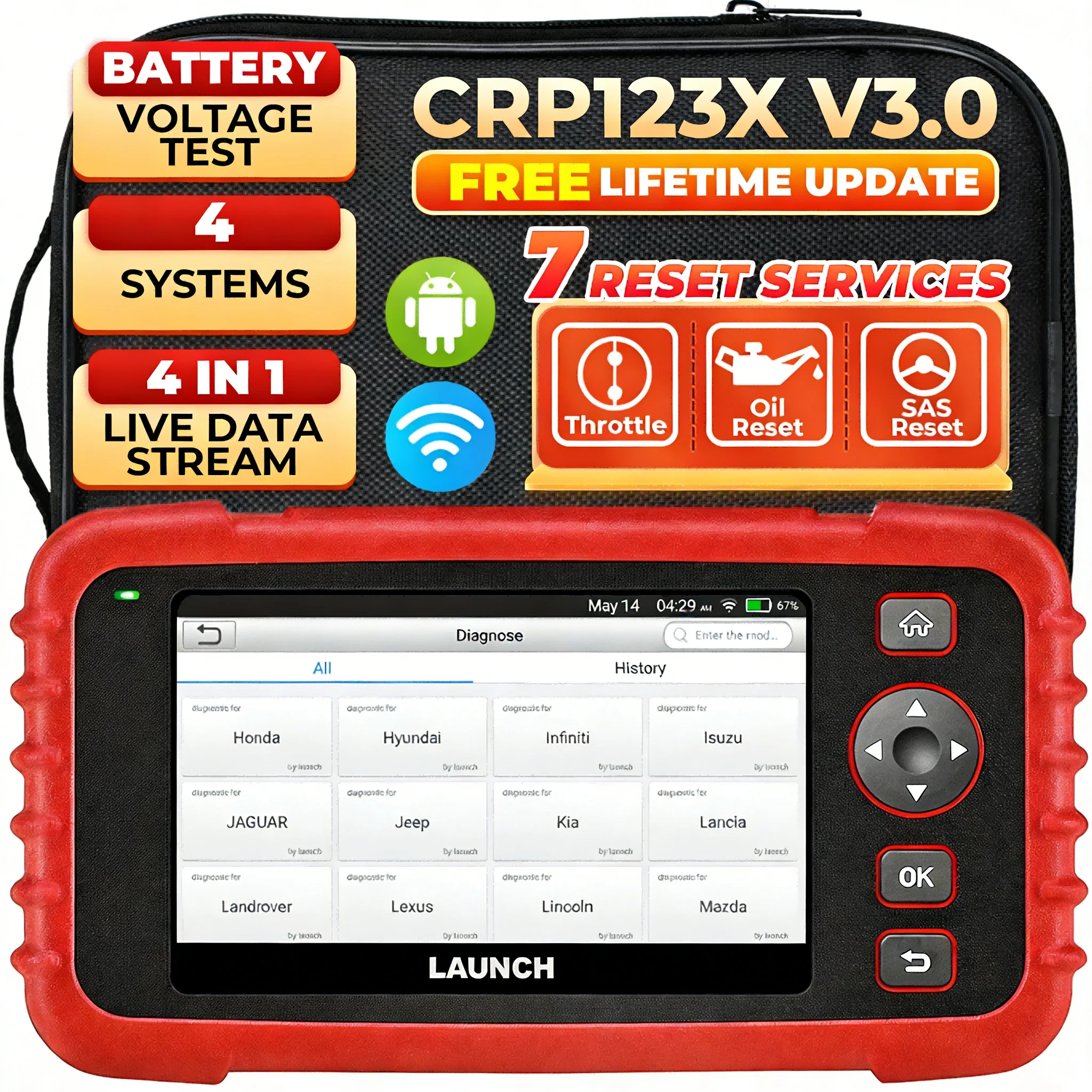

Диагностический сканер для автомобилей Launch CRP123X V3.0: диагностика четырех систем, 7 сервисных функций сброса, OBDII/OBD2
