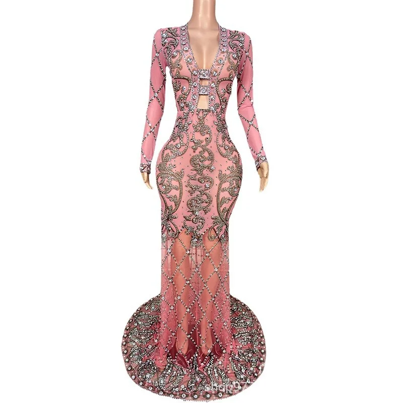 

Перспектива, сексуальный глубокий V-образный вырез, розовый, падающий на землю, вечерняя одежда для дня рождения, модная одежда для подиума, конкурса красоты