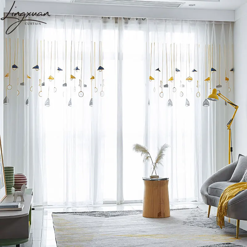 Korean Yellow Chandelier Sheer Curtain for Living Room Embroidered Tulle Window For Children Bedroom The Kitchen Drapes Blinds