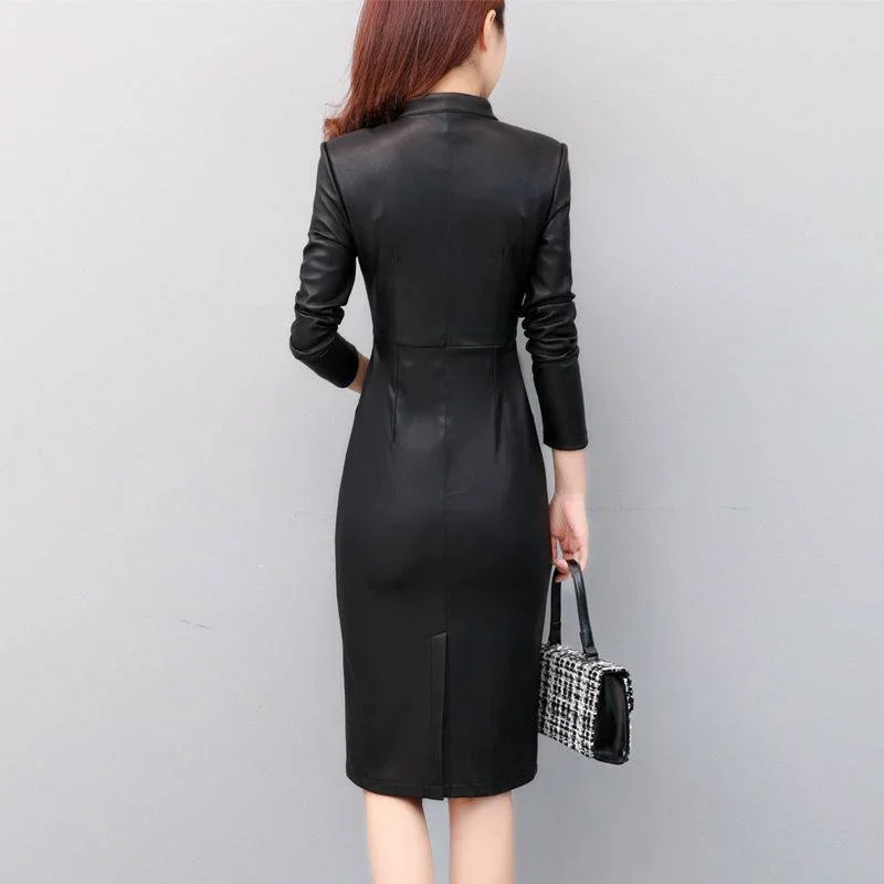 2024 Fall Winter Plus Size Velvet Dress Korea Fashion Women Sexy Knee-length Dress Long Sleeve Zip Pu Leather Bodycon Dress