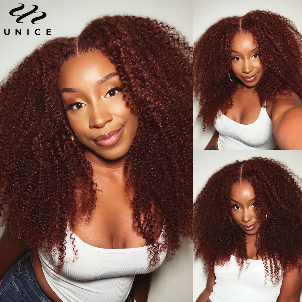 Unice Hair Reddish Brown Kinky Curly 13x4 Human Hair Lace Frontal Wigs Pre Plucked Lace Front Human Hair Wigs 150% Density