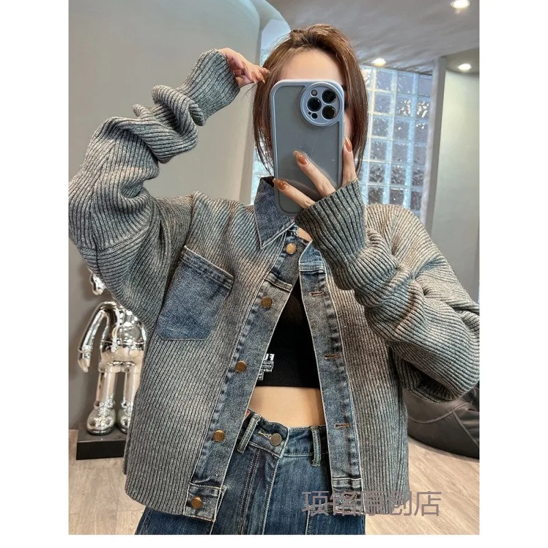 

Grey Denim Patchwork Knit Sweater Cardigan Jacket Women's Fashion long sleeves Short Coat Single breasted Lady Sweater Outwear