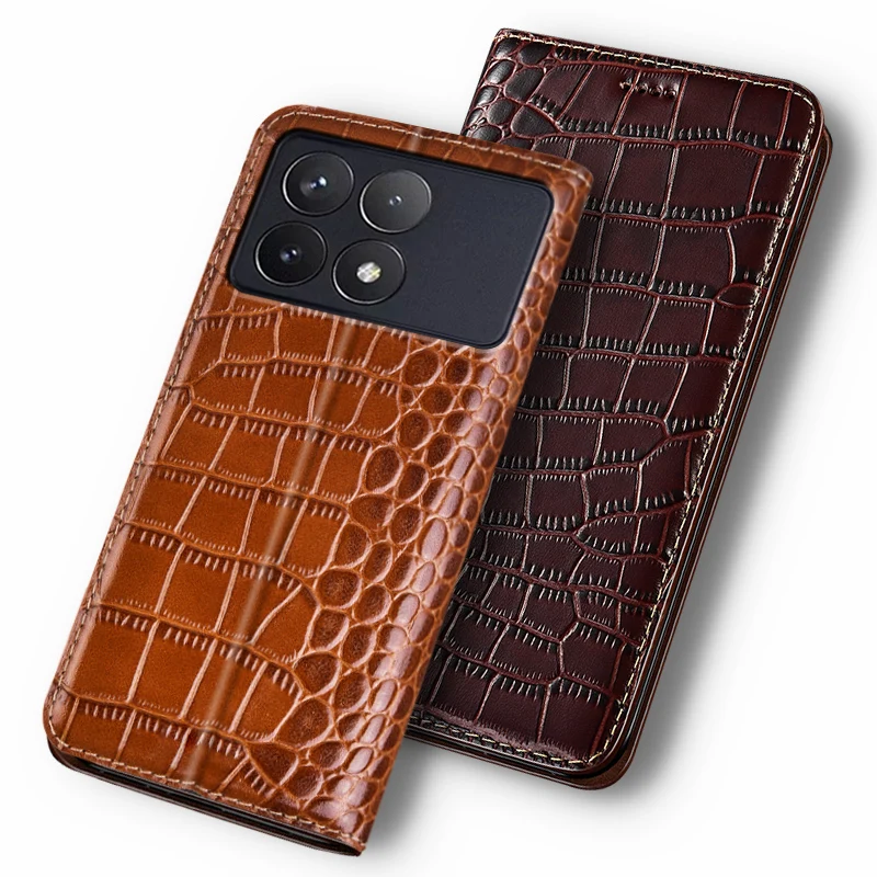 Cases For XIAOMI POCO F5 F6 Pro F6Pro Crocodile Pattern Flip Case Luxury Cowhide Genuine Leather Magnetic Wallet Covers