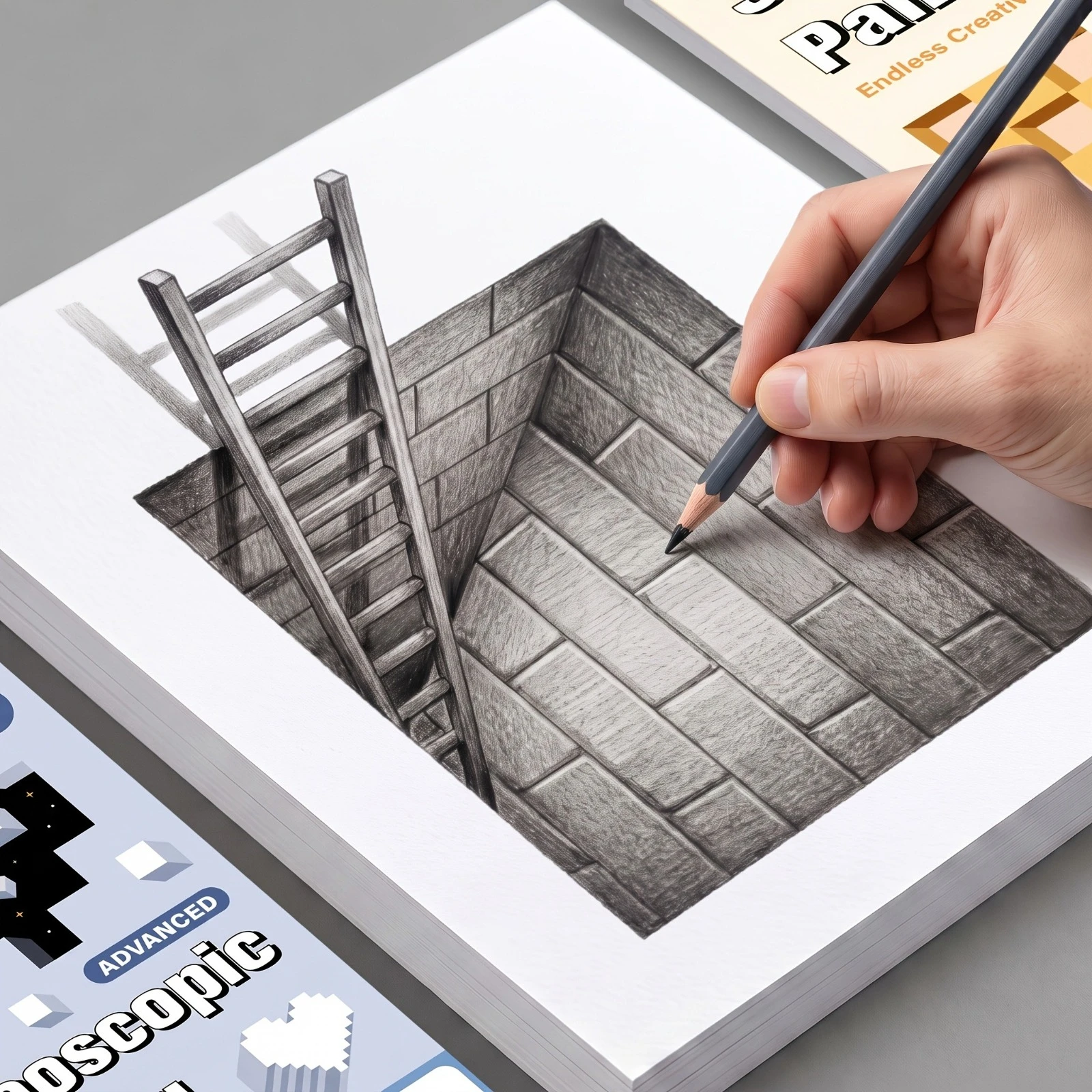 24 feuilles de livres de dessins d’illusions d’optique en 3D, matériel d’art pour la peinture stéréoscopique, idéal pour les débutants, utilisé pour développer l’imagination spatiale.