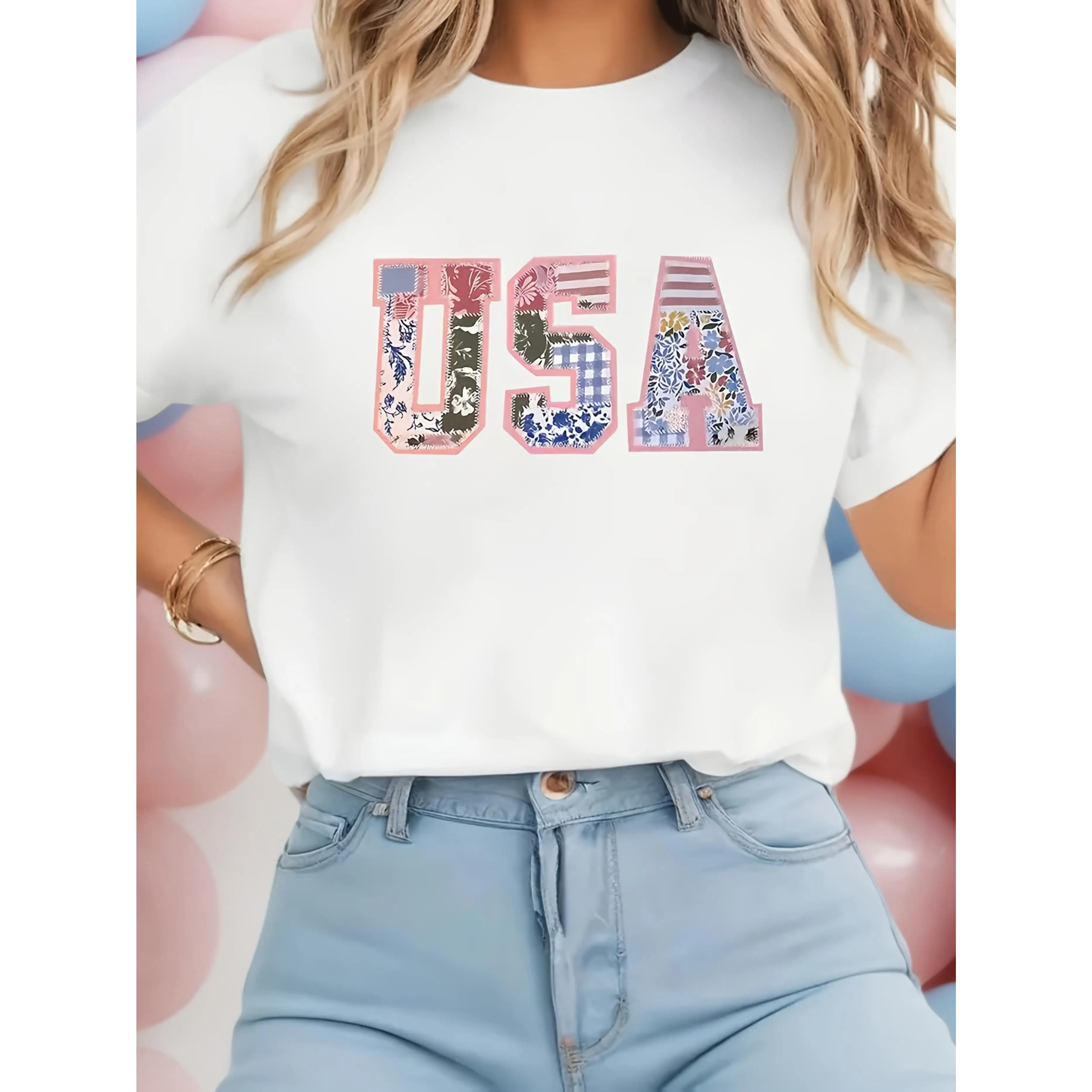

Women'S Vintage Floral USA Flag T-Shirt - Casual Round Neck, Short Sleeve, Knit, Regular Fit, All-Season Fashion Tee