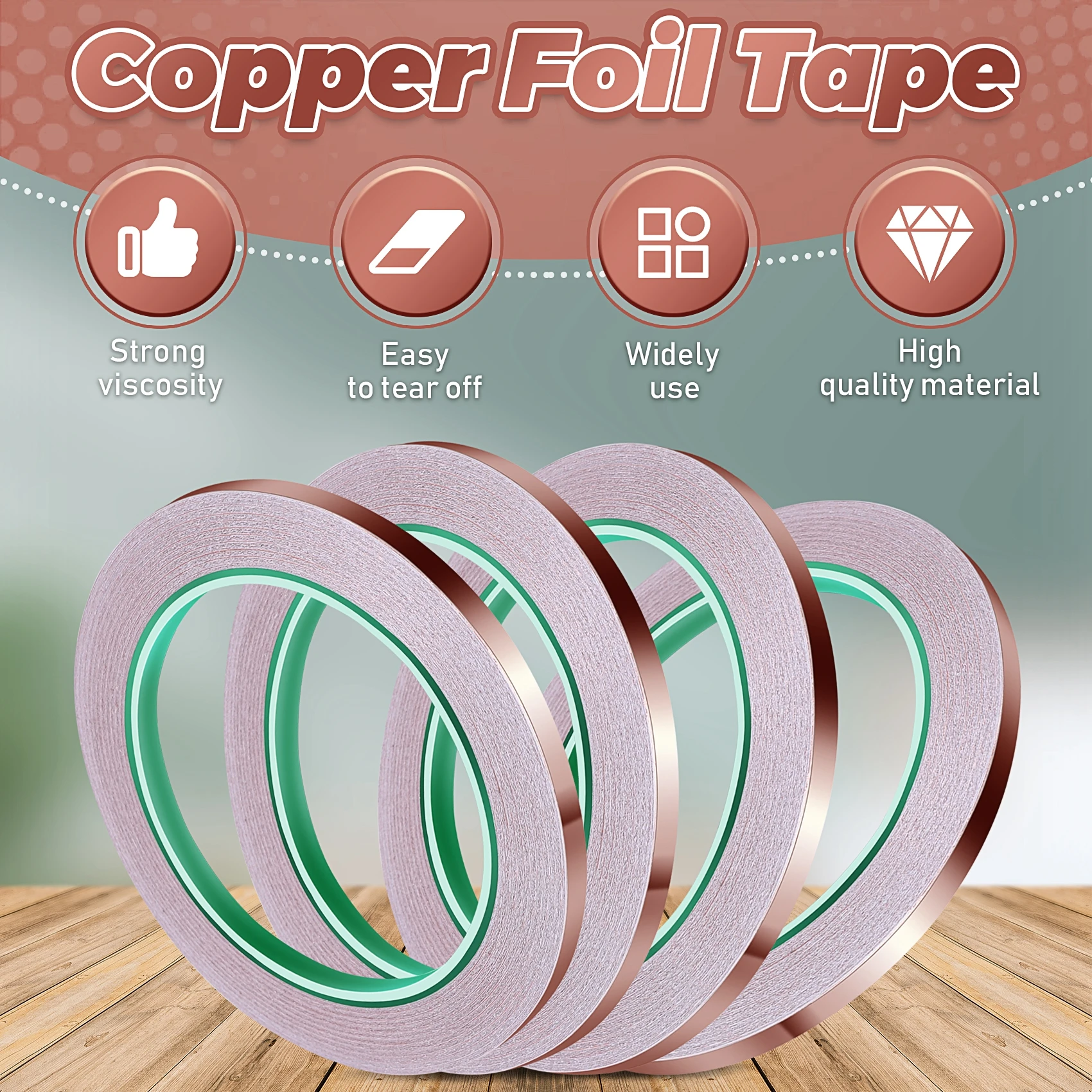AB08-Copper Foil Tape With Double-Sided Conductive - EMI Shielding,Stained Glass,Soldering,Electrical Repairs,0.25 Inch,4Pcs