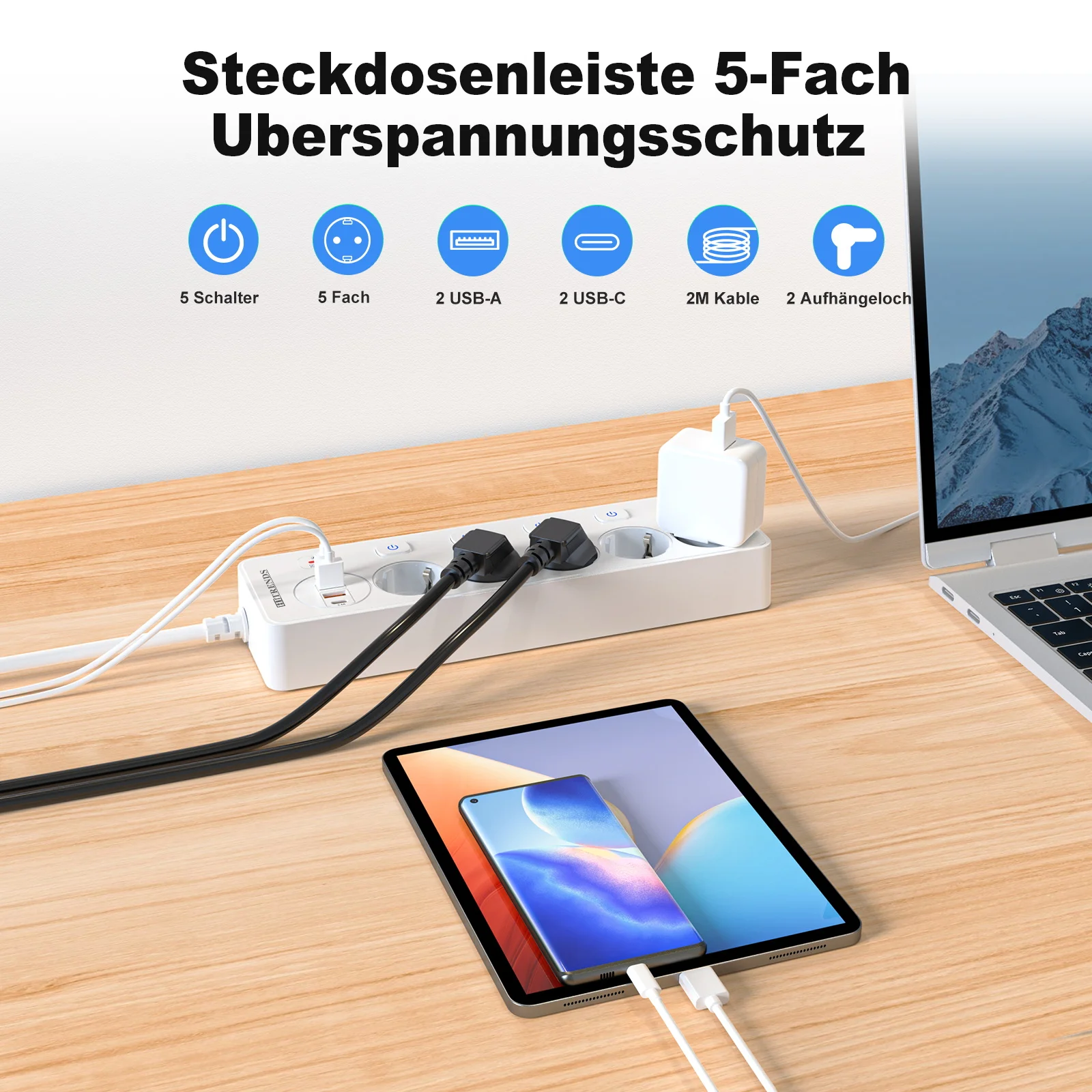 9-in-1 Smart Power Board, with 4 USB Ports (PD20W+QC3.0), 2500W Surge Protector, 2M Cable, Wall-Mounted Expansion Socket