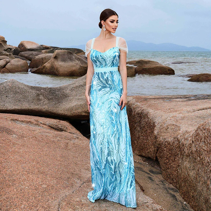 Summer Vestido De Festa Women Cap Sleeve High Waist Backless Blue Sequined Wedding Party Cocktail Prom Evening Long Maxi Dresses