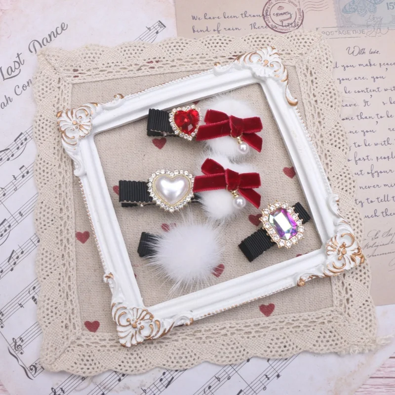 Lot de 4 pinces à cheveux Harajuku en fourrure, joli petit nœud, 4 pièces, strass, velours, mode Loria Lolita Y2K, pinces à cheveux pour filles