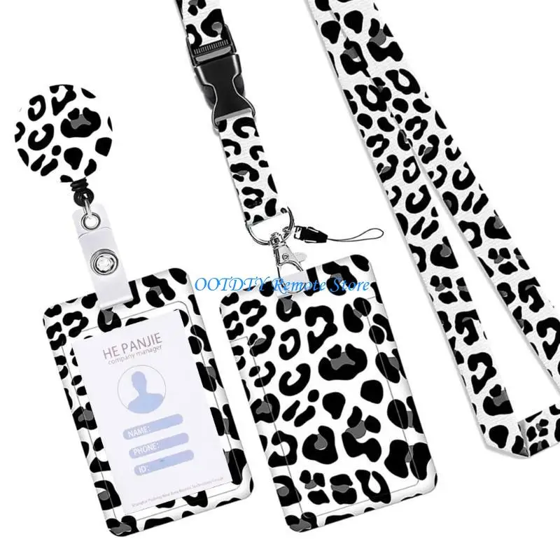 Leopard Print Badge Card Holder and Removable Neck Lanyard Set for Office School