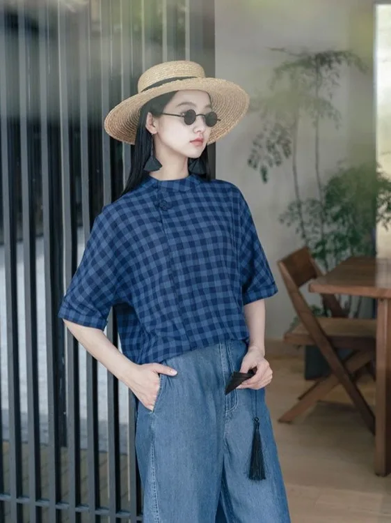 

Sli, уникальные женские универсальные однотонные льняные пуговицы в клетку, лето 2021, новый китайский Sle для похудения, повседневный свободный крой, льняной ор Све