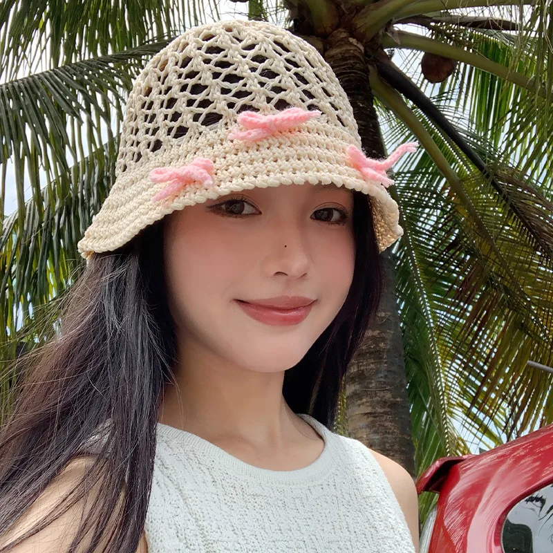 

Womens Bucket Hats Hollowed Out Bow Versatile Breathable Bucket Hats Vacation Fashionable Simple Beach Sun Protection Girls Hats