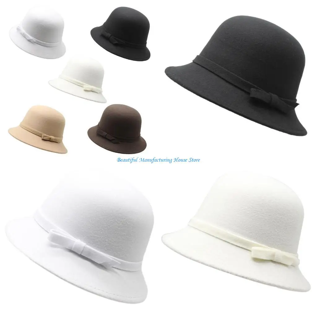

E56A Adult Felt Derby Hat with Bowknot Hat Band Elegant Masquerade Party Ladies Hat