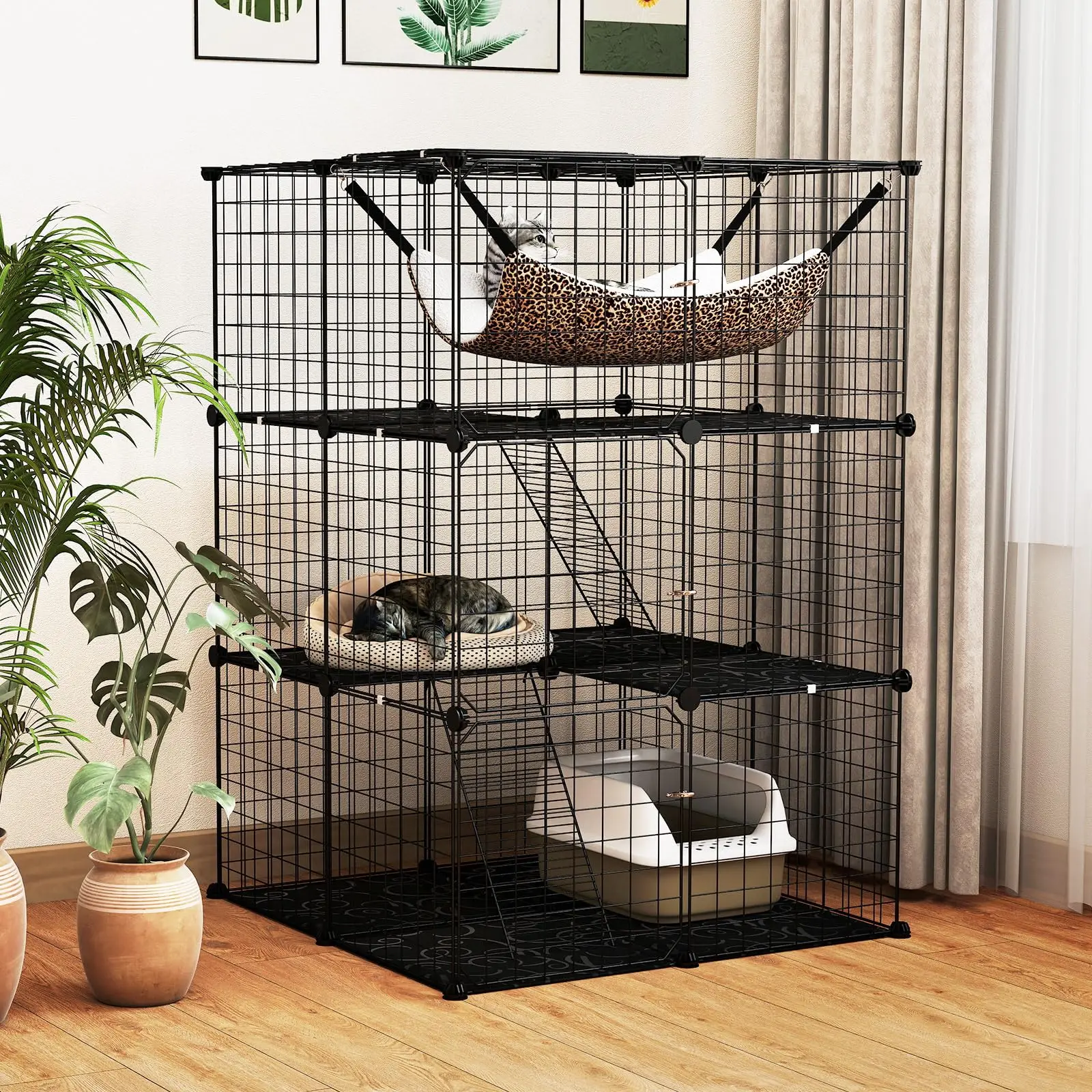 Cat Cages Indoor, 3-Tier Cat Enclosure with Skylight, Extra Large Hammock, 2 Ladders, Detachable Metal Wire Kennel with