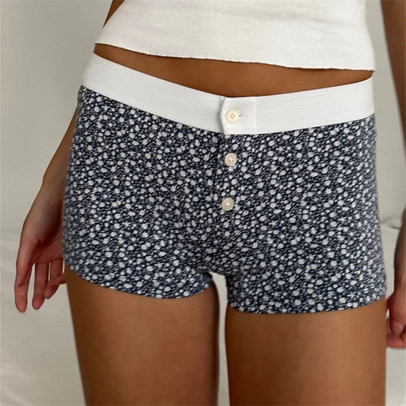 Woman Floral Y2k Shorts Woman Three Buttons Elastic Waist Patchwork Straight Short Pant Sweet Cute Underwear