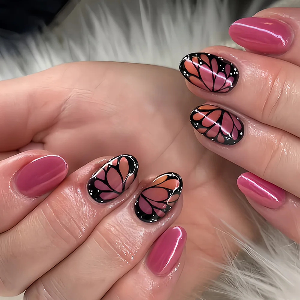 

24PCS Fake Nails Press on Nails Almond Shape Armor Butterfly French Smudge False Nails Sweet Cool Design Removable Manicure Set