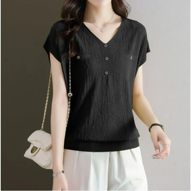 Summer New Ice Silk Short Sleeved T-shirt Women's Solid Korean Loose V-neck Button Fashion Simple Temperament Versatile Thin Top