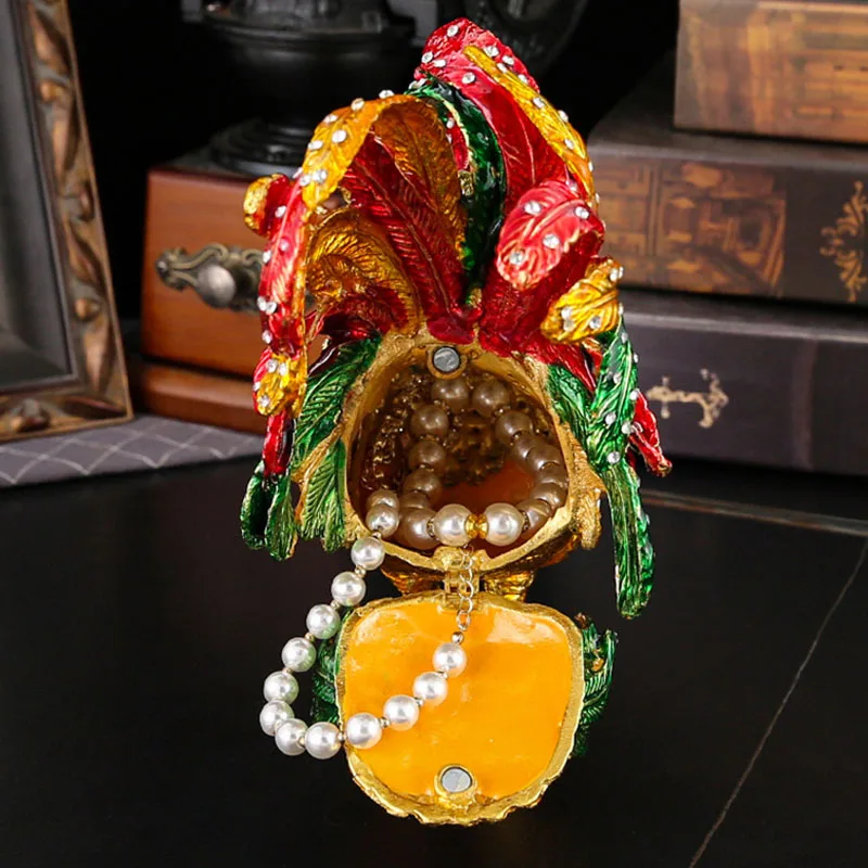 Kotak Perhiasan Hiasan Ayam Jago Besar Vintage Enamel Dilukis Tangan untuk Dekorasi Rumah & Kantor