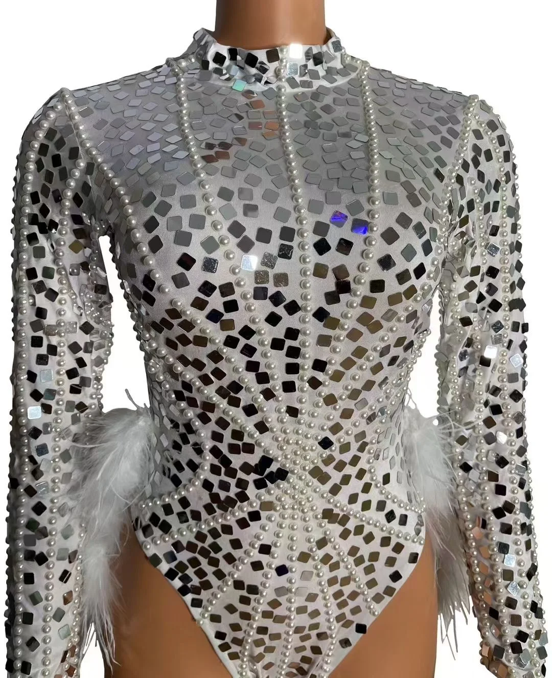 Sparkly Stage Silver Sequins Pearl White Feathers Stretch Bodysuit Women Sexy Nightclub Outfit Performance Dance Stage Costume