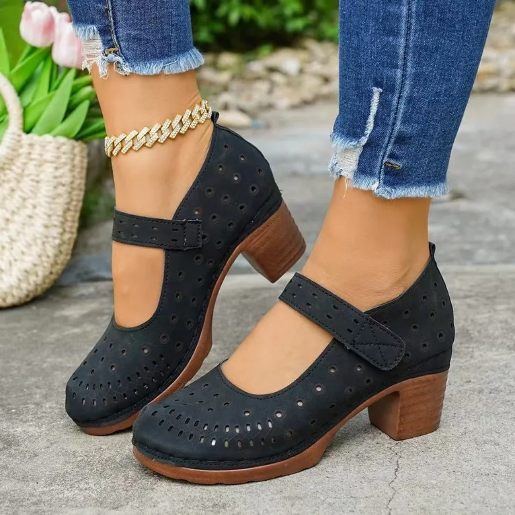 2026 Summer New Women Shoes Plus Size Chunky High Heel Sandals Hollow Closed Toe Slip-On Mueller Sandals Women Sandalias Mujer