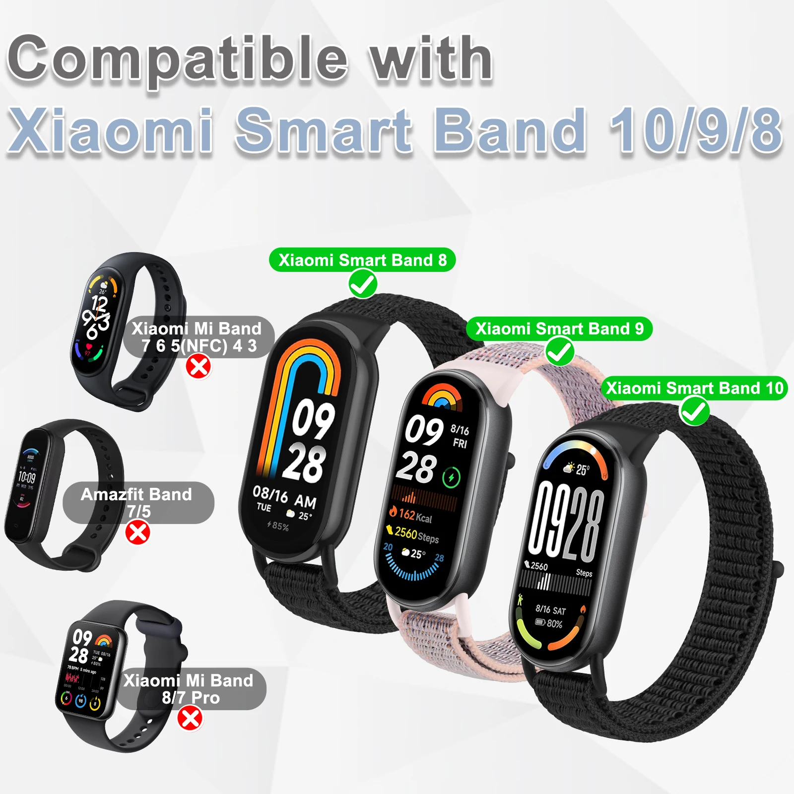 3 قطعة حزام حلقة النايلون ل Xiaomi الذكية الفرقة 9 8 10 NFC SmartWatch معصمه استبدال سوار ل Xiaomi Miband 8 9 10 الفرقة