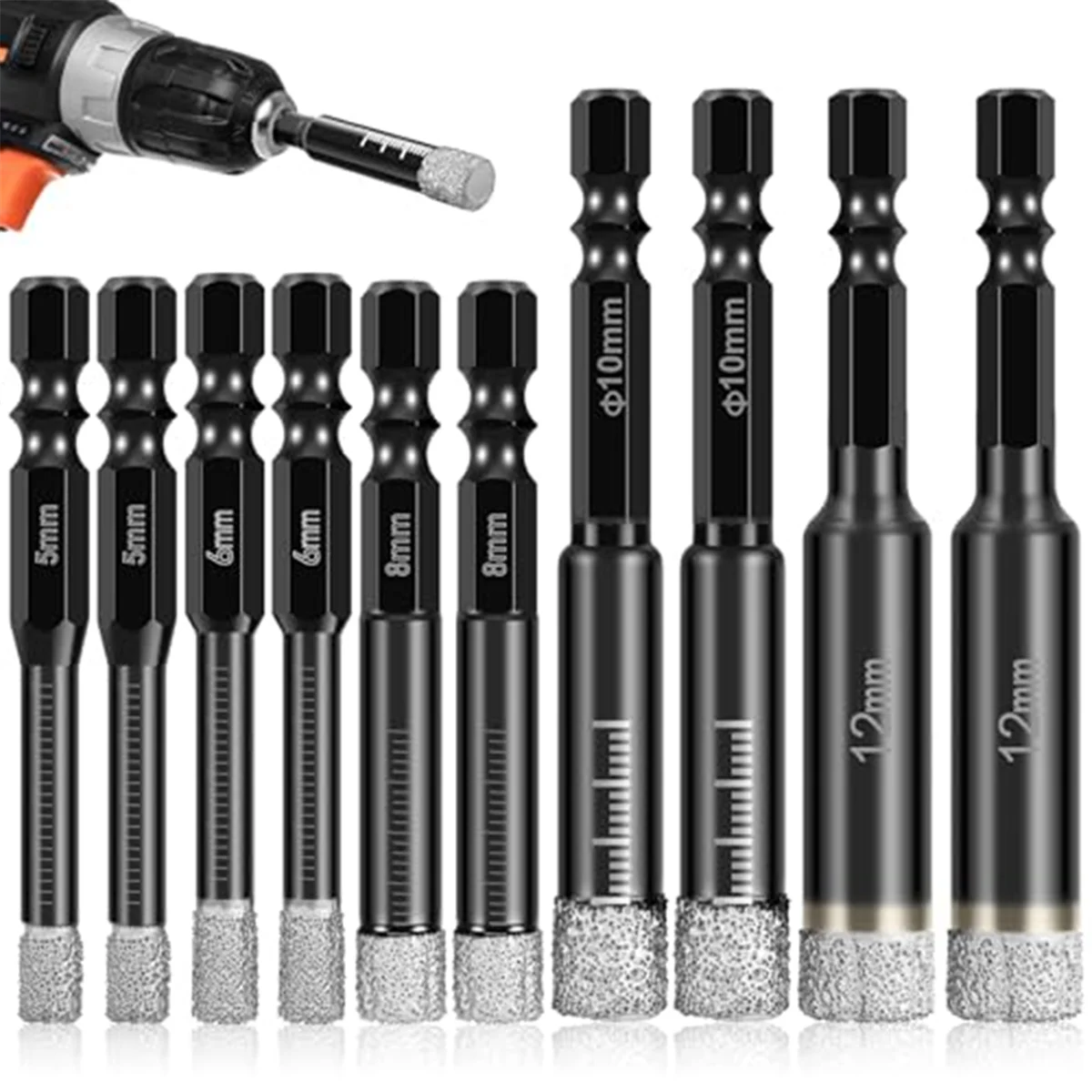 10Pcs Dry Diamond Drill Bits Set,3/16Inch 1/4Inch 5/16Inch 3/8Inch 1/2Inch for Granite Ceramic Marble Glass,Not for Wood