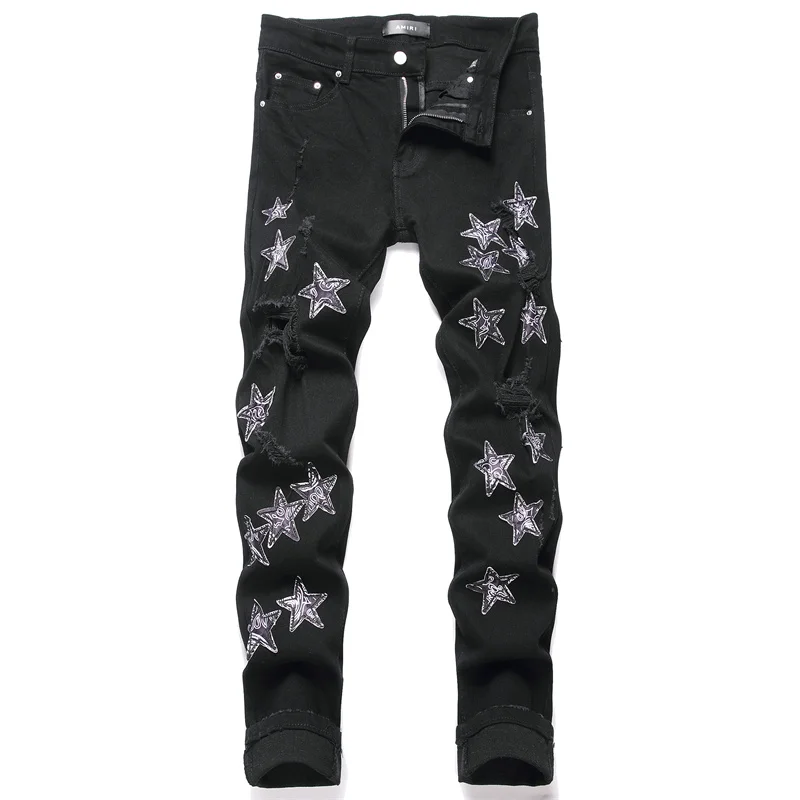 

2024 high-end biker men's jeans personalized pentagonal embroidery holes black stretch fashion small straight pants men's pants