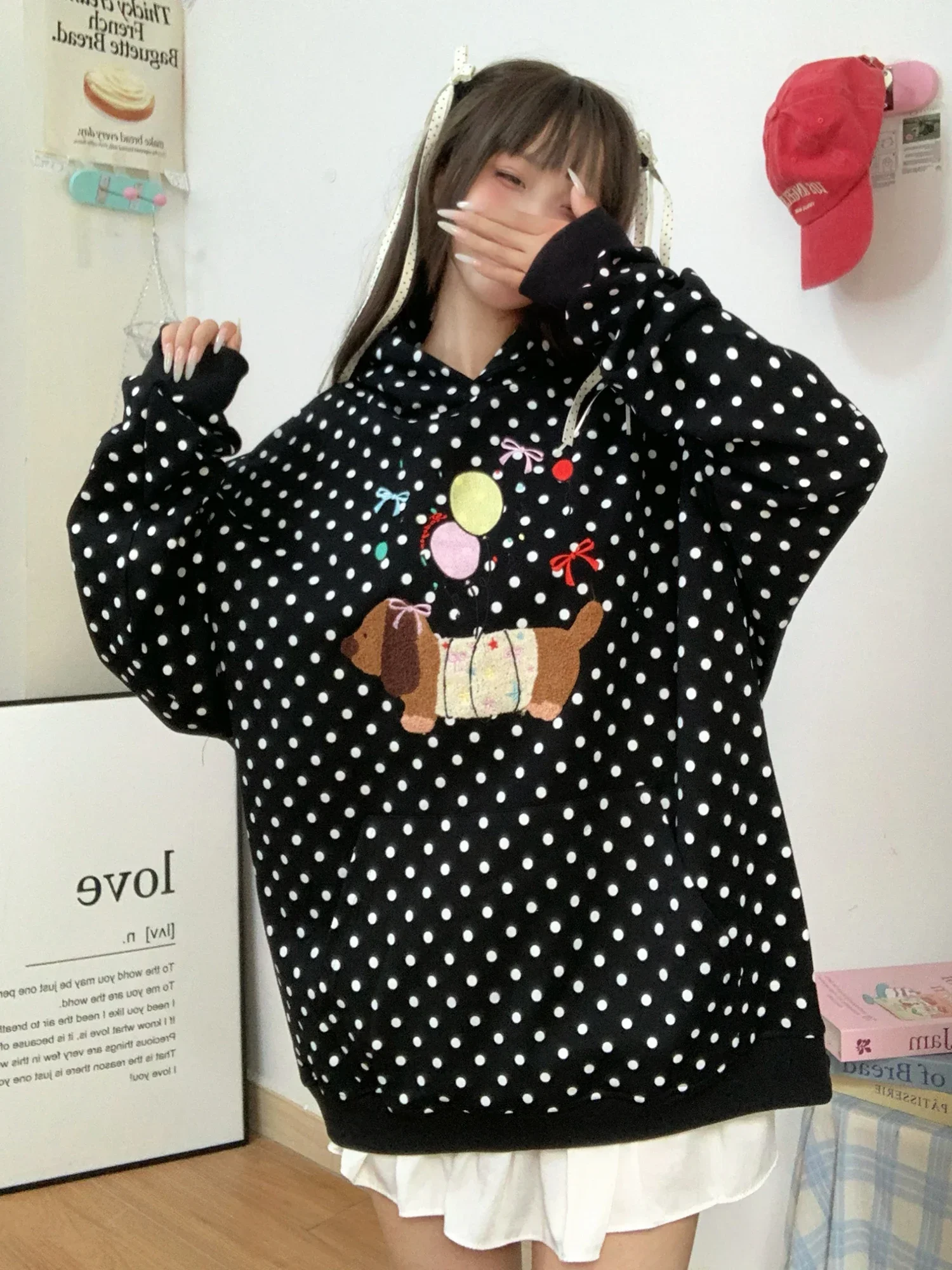 

Stitch Embroidery Bow Dog Dot Oversized Women's Sweatshirts Hooded Hoodie Hoodies y2k Woman Clothing fall winter 2000s kawaii