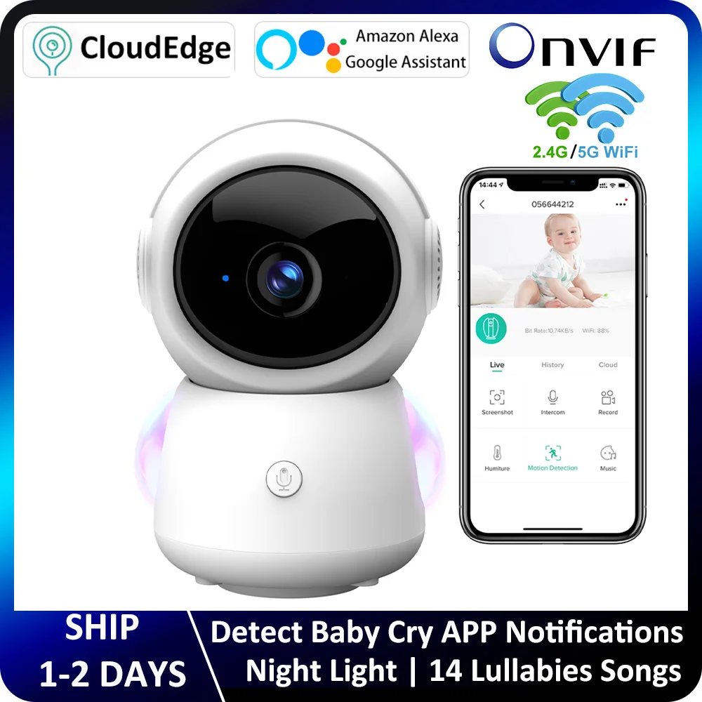 Moniteur bébé intérieur WiFi, suivi automatique, mode privé, sécurité ONVIF PTZ, caméra de surveillance veilleuse, Alexa Google, 2.4G, 5G, 3MP